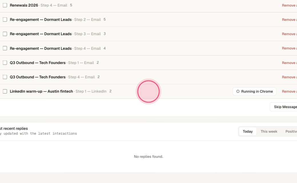 Step 6: Back in Message Center the rows update as each view or send completes. Daily LinkedIn limits are enforced per account.