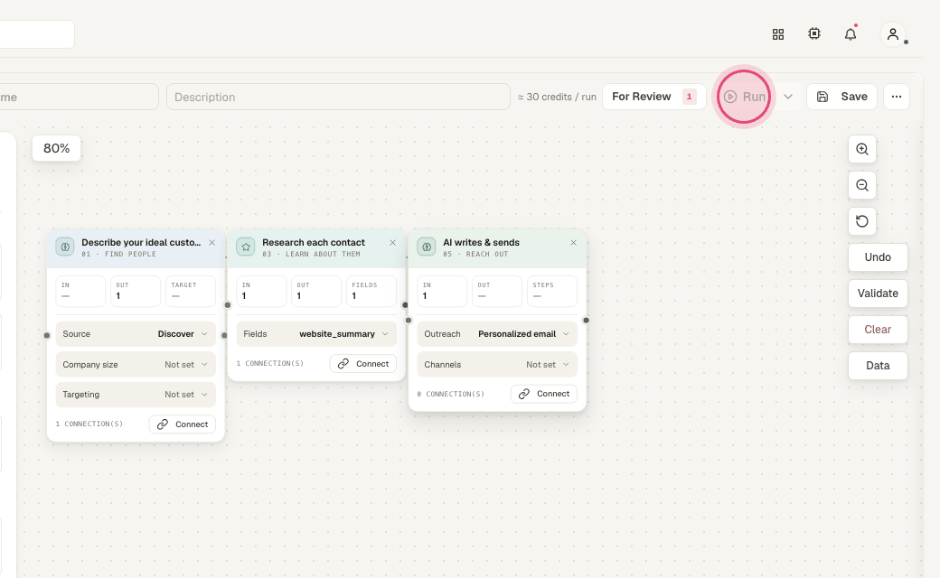 Step 4: "Run" starts a pass now. The credit estimate is shown beside it.