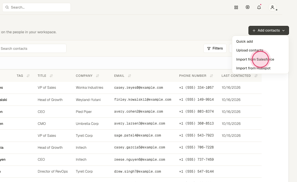 Step 3: Click "Import from Salesforce", choose leads or contacts and a view, and map fields.