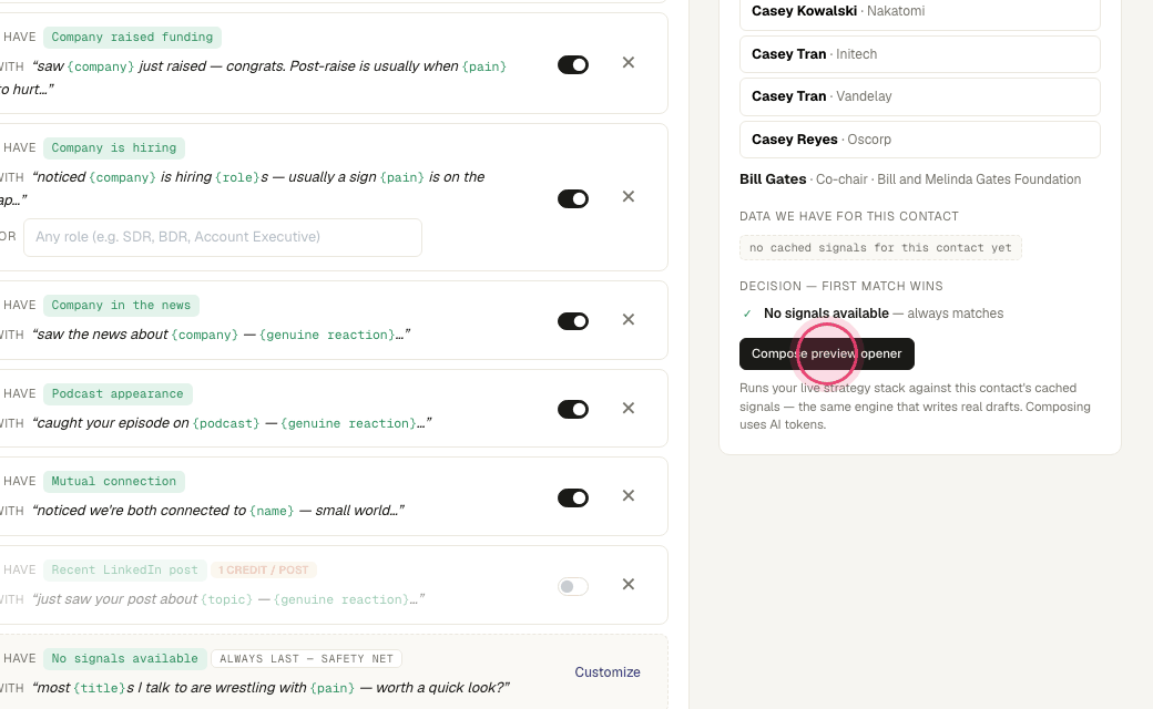 Step 6: Click "Compose preview opener" to see which strategy fires and the line it writes.