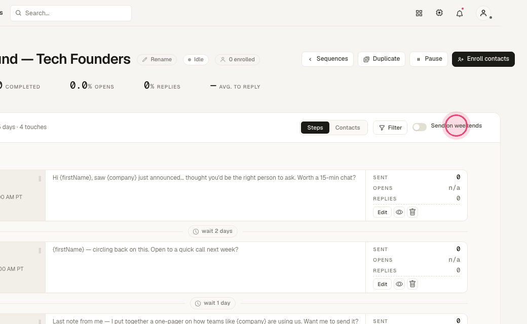 Step 3: "Send on weekends" is off by default: steps that land on Saturday or Sunday move to Monday.