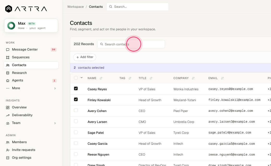 Step 2: Type a name, company or email in "Search contacts". Results update as you type.