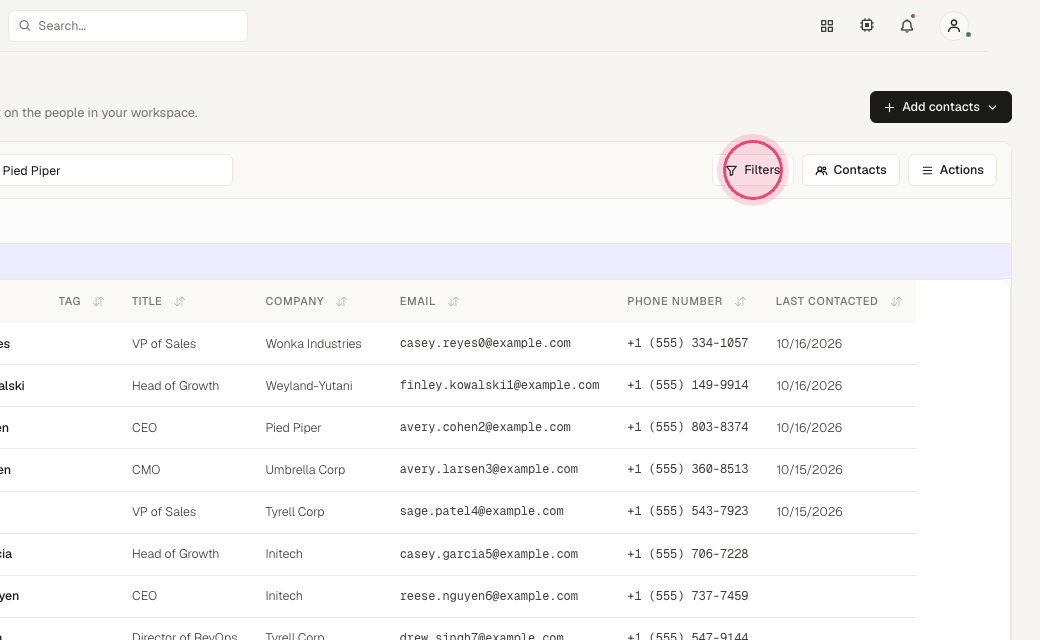 Step 3: Click "Filters" to sort by name, company, tag, position or date added, and to toggle extra columns.