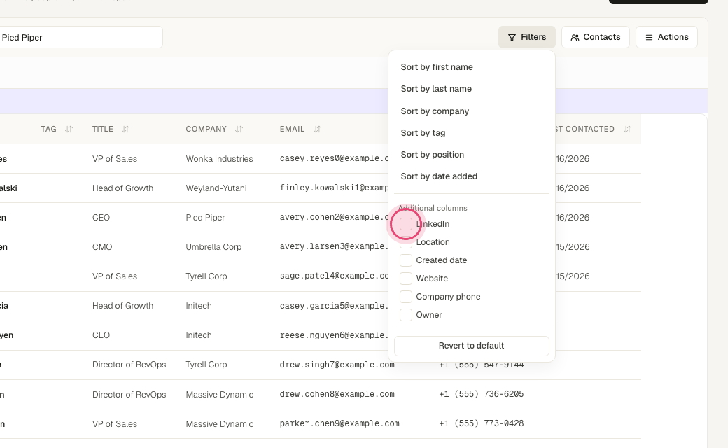 Step 4: Tick a column (LinkedIn, location, website, company phone…) to show it in the table.