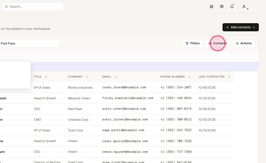 Step 6: Use the "Contacts" scope menu to switch between your contacts and your team's.