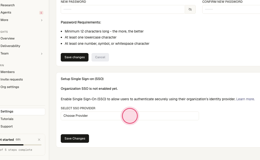Step 4: "Single Sign-on" — choose Okta, paste the issuer URL, client ID and secret from your identity provider, and save. Members then sign in with their work account.