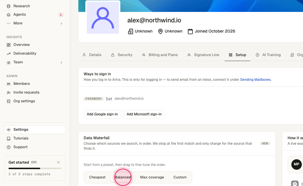 Step 3: "Data finder" — choose how the email waterfall spends credits: Cheapest, Balanced, Max coverage or Custom.