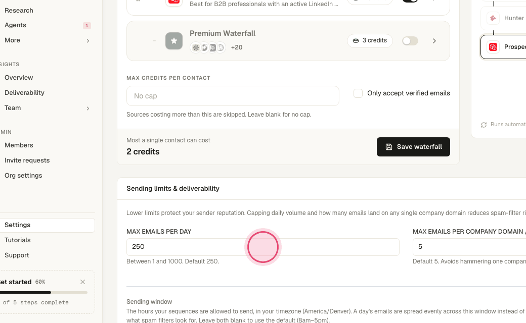 Step 6: "Daily send limit" caps emails per day across all mailboxes (250 by default). Each mailbox also has its own cap.