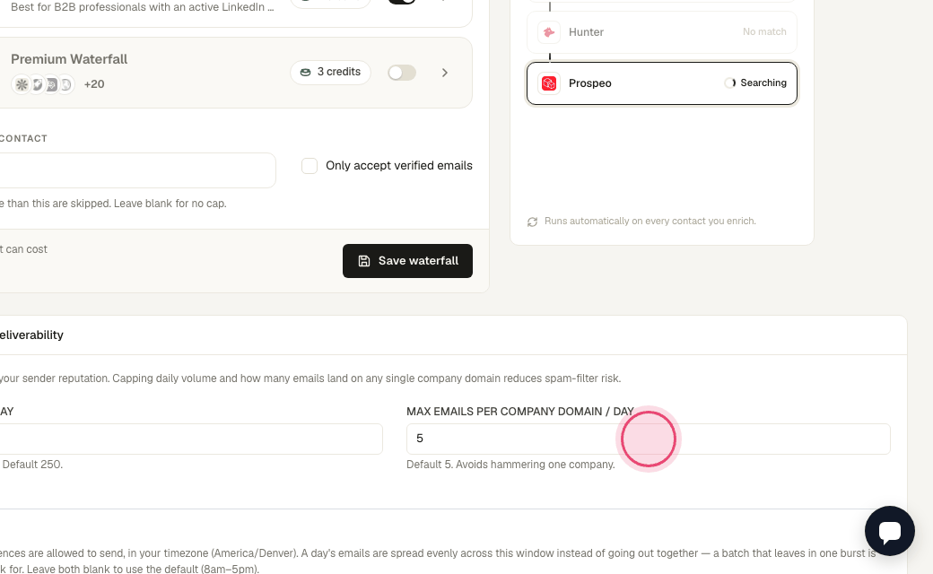 Step 7: "Per-domain limit" keeps you from hitting one company with too many emails in a day.