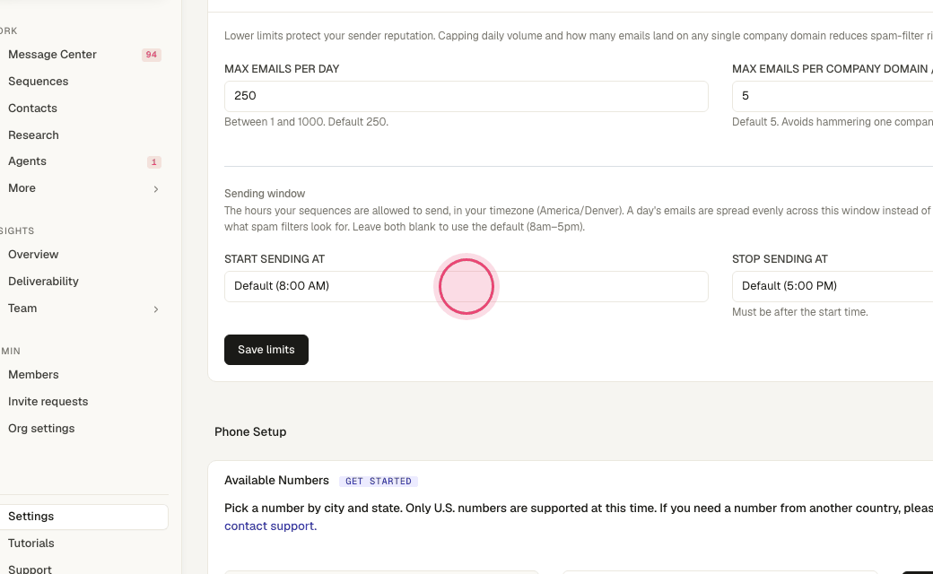 Step 8: Set the sending window. Emails are spread across these hours in your timezone.