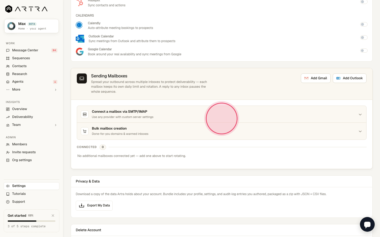 Step 2: Scroll to "Sending Mailboxes". Each connected inbox is listed with its daily limit and health.
