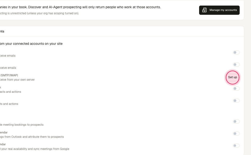 Step 3: Click "Set up" next to Custom Email to add any SMTP/IMAP mailbox, or use the Gmail / Outlook switches above for OAuth.