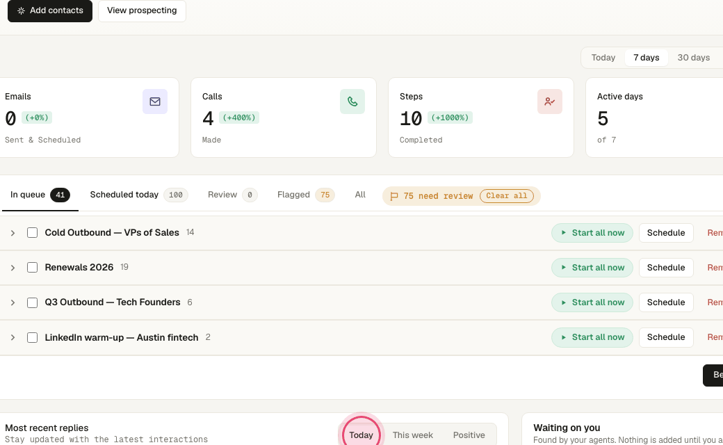 Step 4: Inbound texts land in "Most recent replies" alongside email replies, tagged by sentiment.