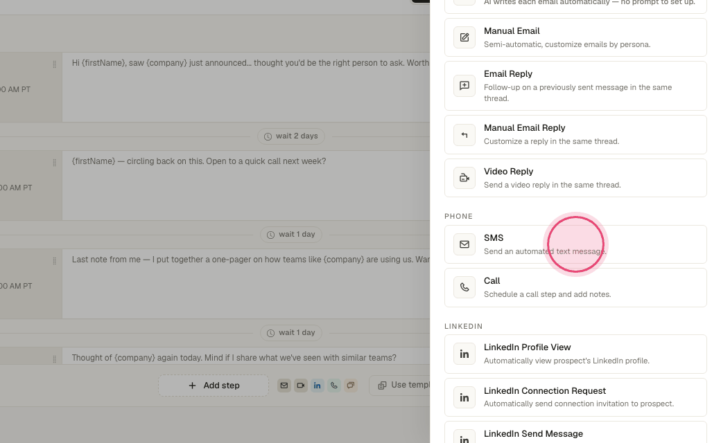 Step 3: Choose "SMS". If it says "registration required", finish A2P 10DLC under Settings → Setup first.