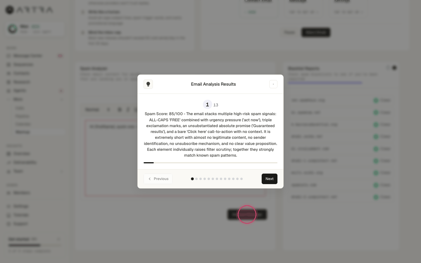 Step 3: The score and flagged words appear. Rewrite until the score is low: no all-caps, no "free", one link at most.