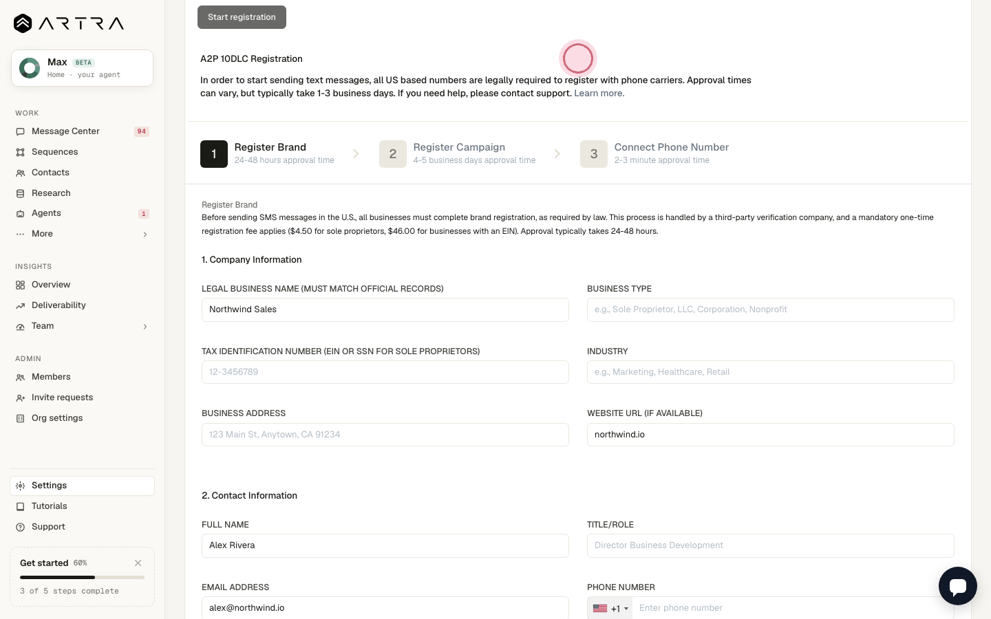 Step 3: Scroll to "A2P 10DLC Registration". You need a phone number first (see Phone Setup above it).