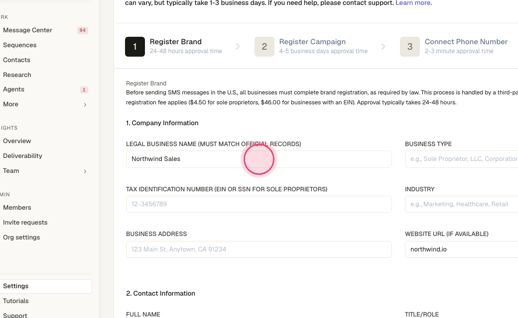 Step 4: Enter the legal business name exactly as registered.