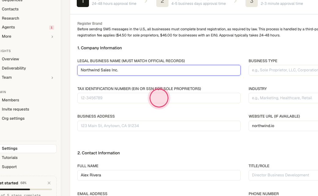 Step 6: Enter the EIN / tax ID — carriers verify it against public records, so typos are the usual reason for rejection.