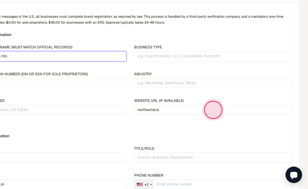 Step 7: Add the address and website, then the contact person in step 2, and submit. SMS steps unlock automatically once the campaign is approved; a fee is charged at submission.