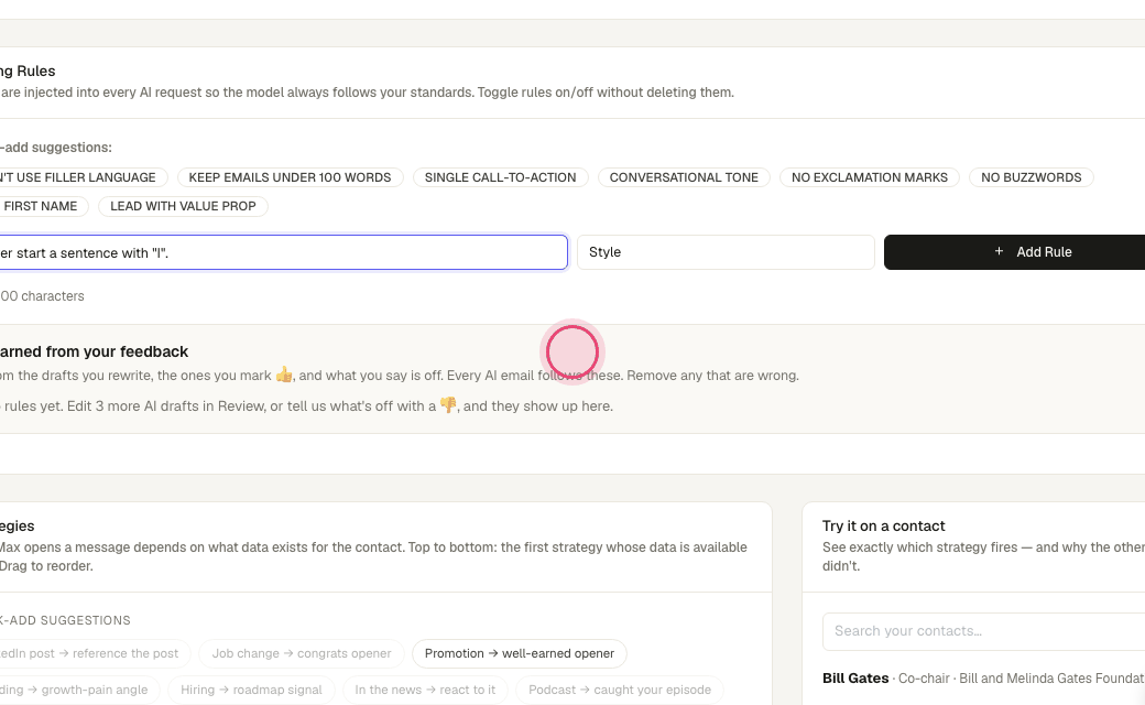Step 6: Rules the AI learned from your edits appear below; delete any you disagree with.