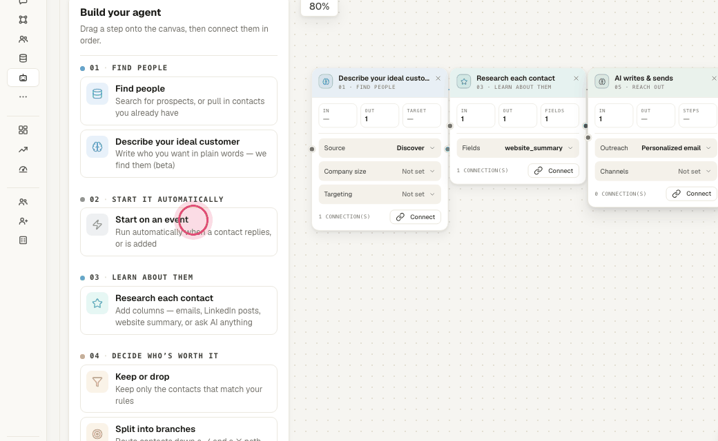 Step 3: Drag "Start on an event" from the rail. It runs when a contact replies or is added, instead of waiting for you.