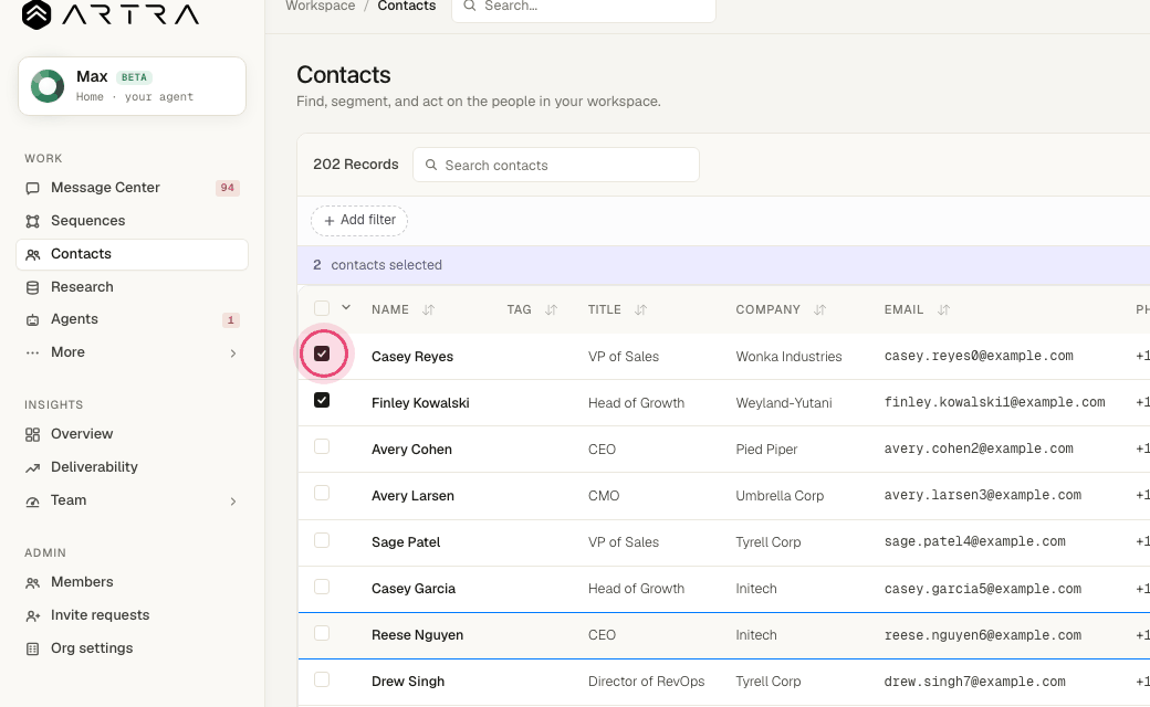 Step 2: Tick the people you want to check (or the header box for the whole page).