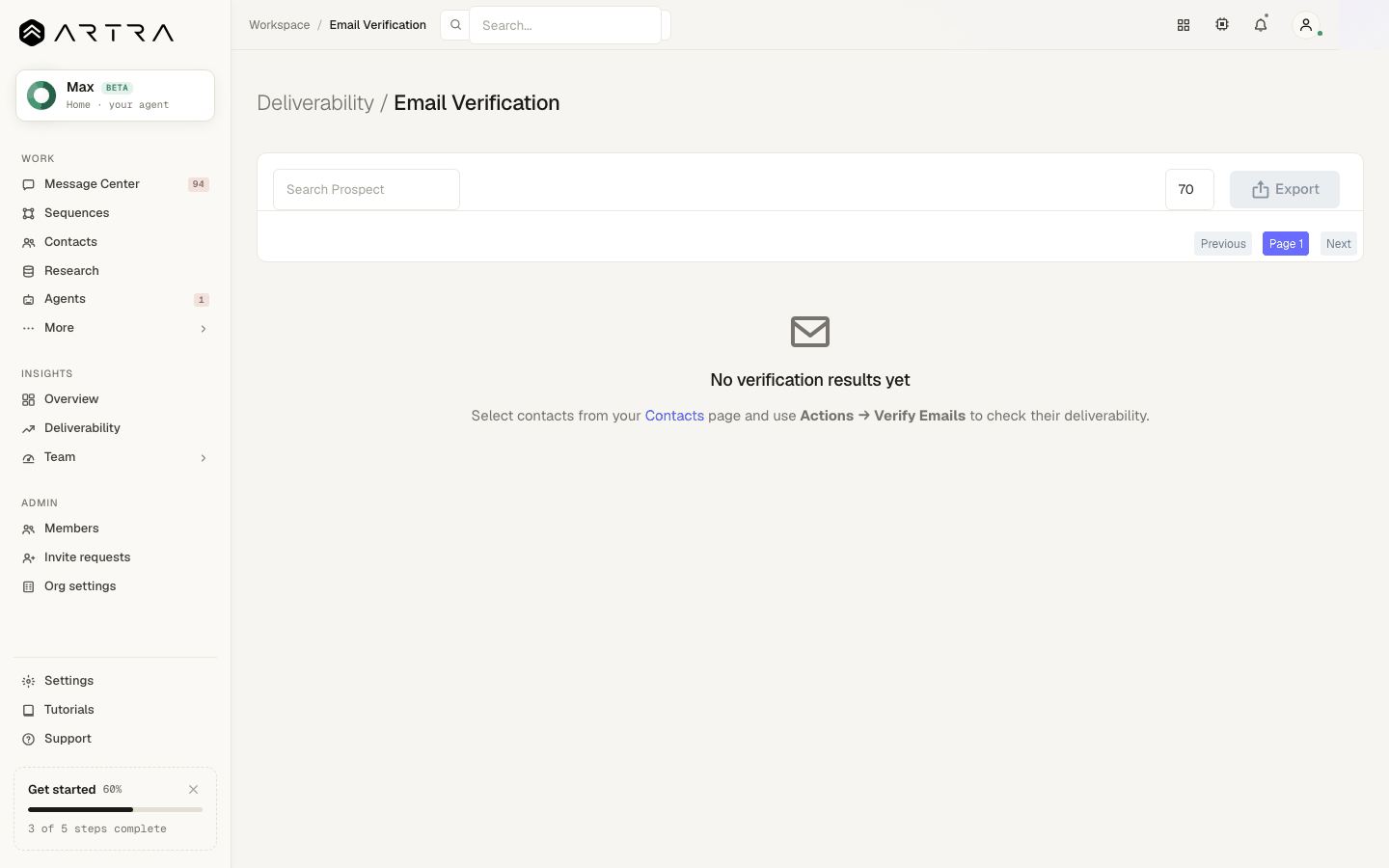 Step 7: Results open under Deliverability → Email Verification as soon as a run finishes. Invalid addresses are skipped automatically when a sequence sends.