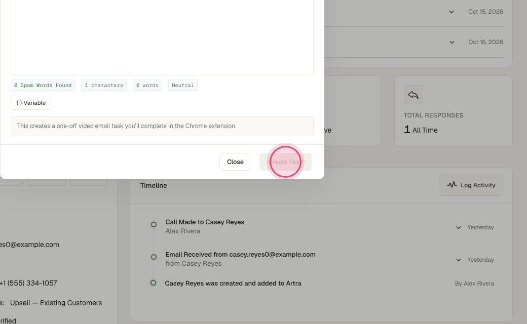 Step 4: Click "Create Task". The task opens the recorder when you are ready; the video uploads to your media library.