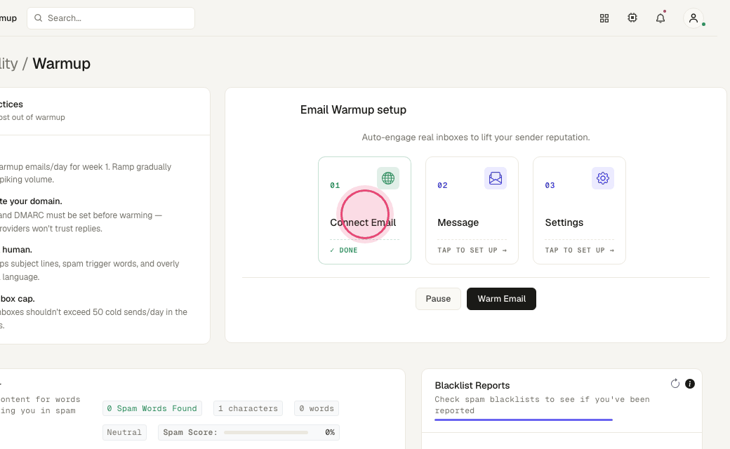 Step 2: Step 1 — "Connect Email" is done once a mailbox is linked.