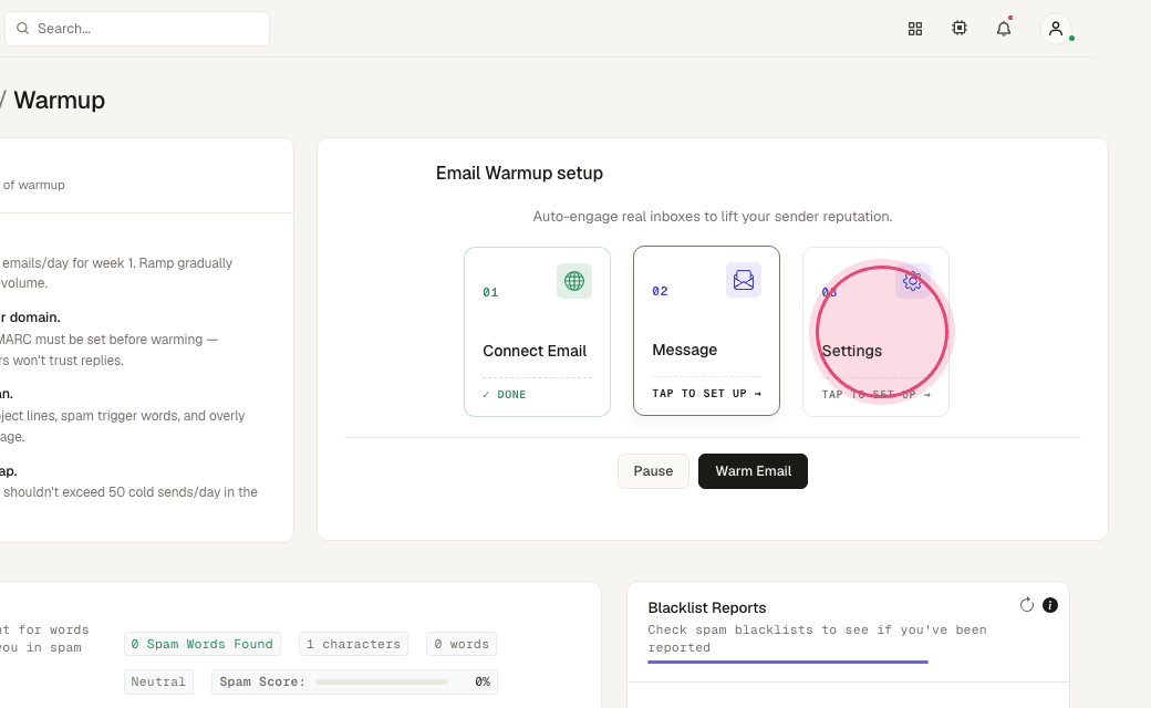 Step 5: Step 3 — click "Settings" to set how many warmup emails go out per day and how fast to ramp.