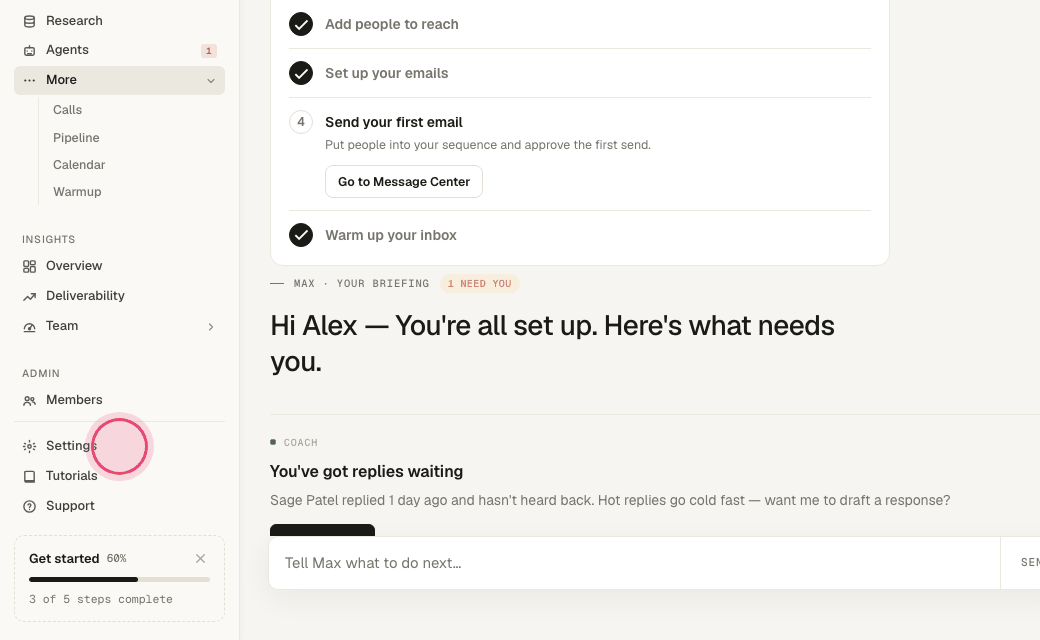 Step 9: "Settings" at the bottom: profile, inboxes, phone, AI training, billing.