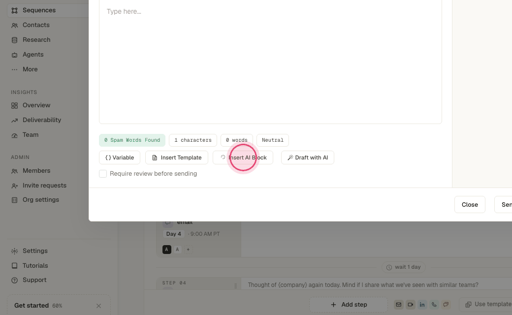 Step 8: For one AI sentence inside your own template, click "Insert AI Block".